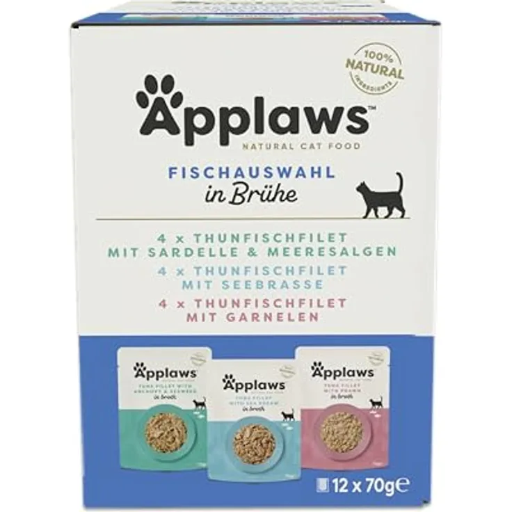 Applaws Premium Natural Katzenfutter Nass, Fischauswahl in Brühe, 100% natürliche Zutaten, 12x70g Portionsbeutel