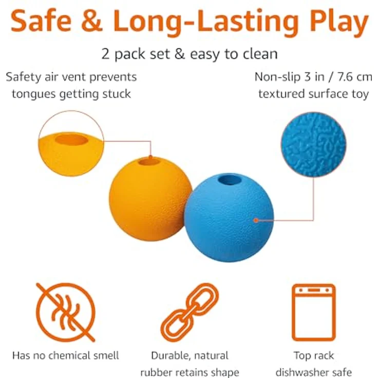 Amazon Basics Apportierbälle, Gummibälle für Hunde, 2 Stück, 7.62 cm, Blau und Orange, strapazierfähig und haustiersicher – Bild 2