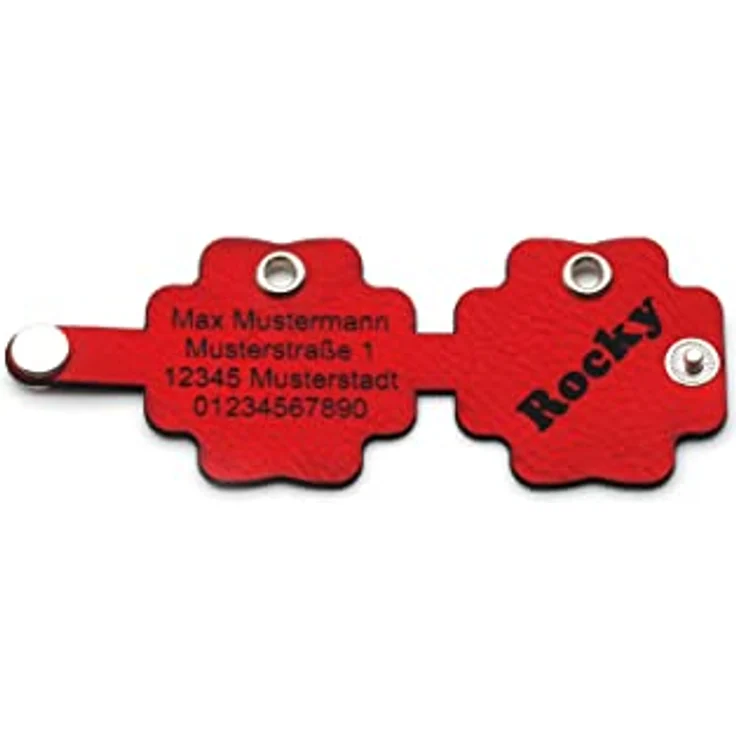 CopterFarm Hundemarkentasche mit Gravur, Druckknopf, Kunstleder/Echtleder, individuell beidseitig graviert, rot mit Blume – Bild 2