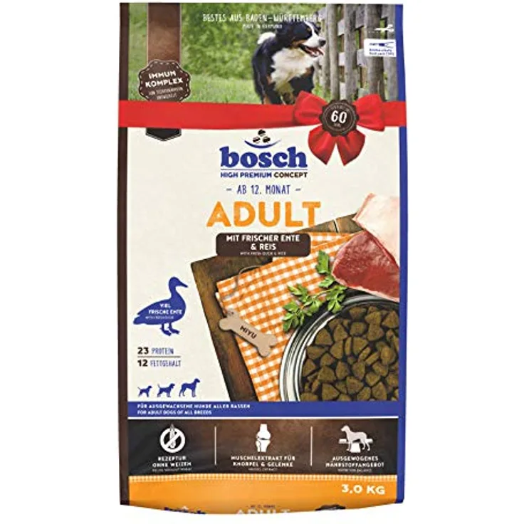 Bosch High Premium Concept Adult Hundefutter, Ente & Reis, 3 kg, weizenfrei, mit Grünlippmuschel zur Gelenkunterstützung