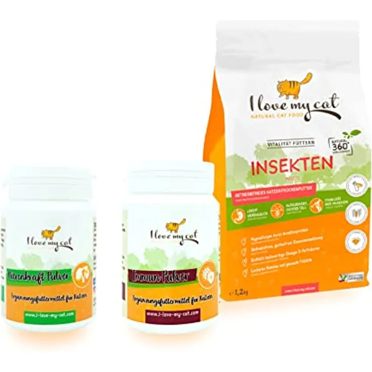 I Love My Cat I Love My Cat Sparset für ernährungssensible Katzen – Getreidefreies Trockenfutter mit Insekten 1,2 kg, Ergänzungsfuttermittel Immun Pulver 35 g & Nierenkraft Pulver 35 g