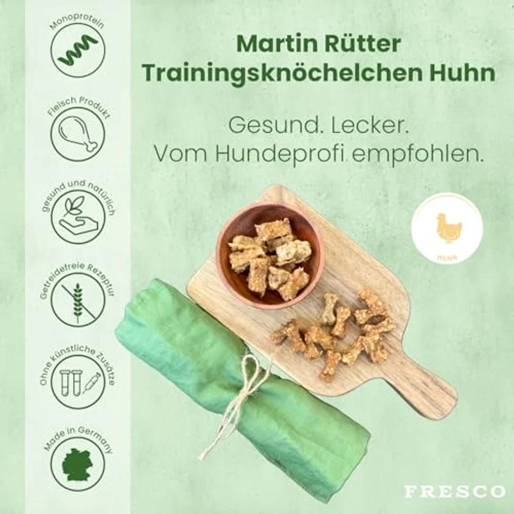 FRESCO Dog Martin Rütter Trainingsknöchelchen Huhn, 150g, zuckerfreie Hundesnacks aus 92% frischem Geflügelfleisch, ideal für Training und Belohnung, Monoprotein-Snack ohne künstliche Zusätze – Bild 2