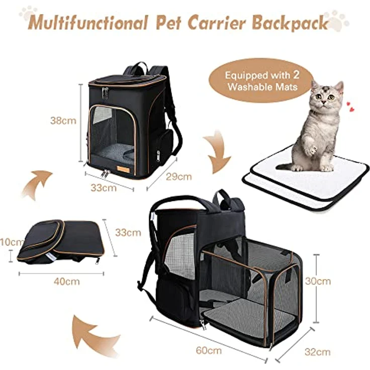 Lekesky Erweiterbar Katzenrucksack Hunderucksack, Faltbar und Atmungsaktiv, Schwarz, L, für kleine Katzen und Hunde bis 8 kg – Bild 3