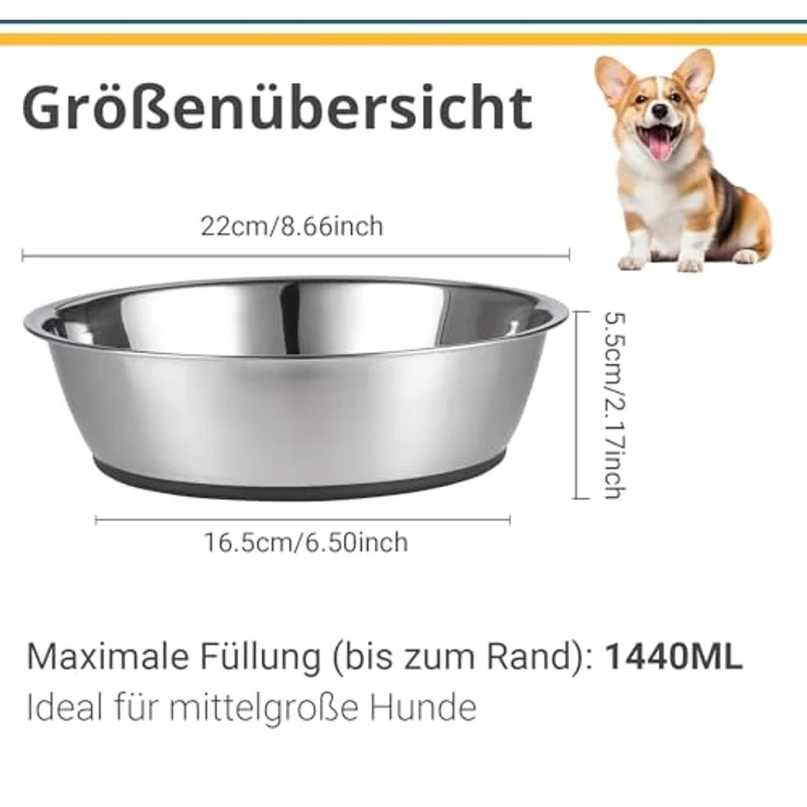 PEGGY11 Edelstahl Futternapf für mittelgroße und große Hunde, 1440 ml, rutschfest mit Silikonboden, 2er Set – Bild 2