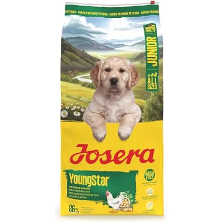 Josera Junior YoungStar, Hundefutter für Welpen und Junghunde ab der 6. Woche, getreidefrei mit 86 % tierischem Protein, 12,5 kg