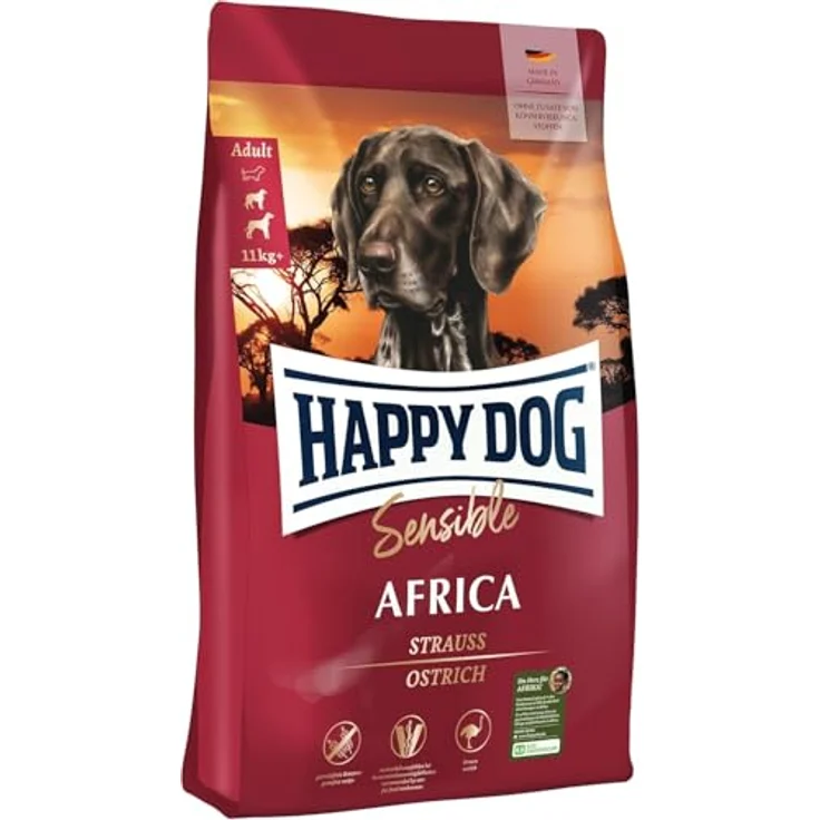 Happy Dog Sensible Africa Strauß, Hunde-Trockenfutter für ausgewachsene Hunde, 1 kg, ohne Getreide, mit Single Protein Strauß und glutenfreier Kartoffel – Bild 1