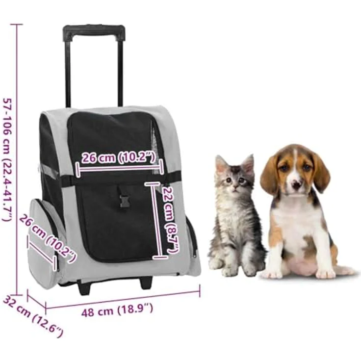 vidaXL Hunde-Transportbox 3-in-1 Trolley Grau, 48x32x57 cm, mit Netzfenstern und verstellbarem Griff, für Hunde und Katzen – Bild 2