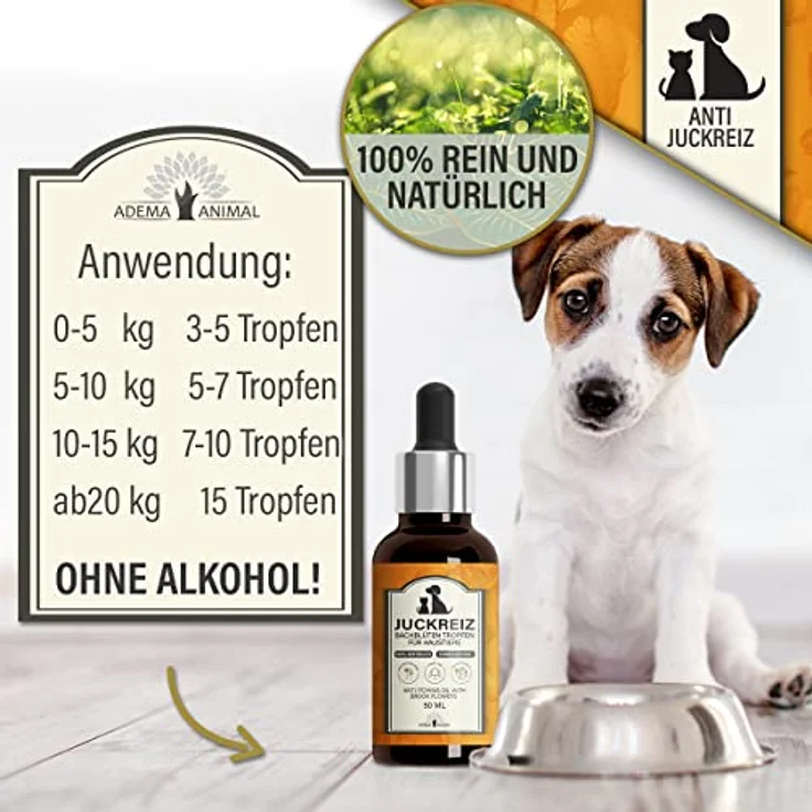 Adema Animal® Juckreiz Bachblüten Tropfen für Hunde & Katzen, 50ml, natürliche Haut- und Fellpflege ohne Alkohol bei Hautreizungen, Läusen, Flöhen und Milben – Bild 5