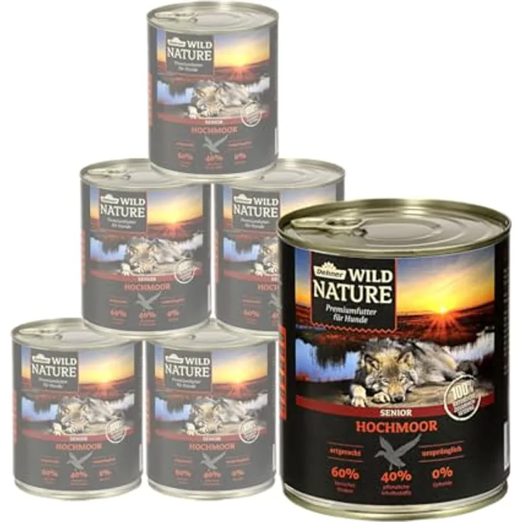 Dehner Wild Nature Hundefutter Hochmoor, getreidefreies Nassfutter mit Ente für ältere Hunde, 6 x 800 g Dose (4.8 kg)