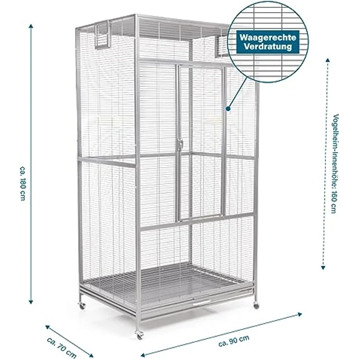 Montana Cages Premium Voliere New Sydney I für Sittiche und kleine Papageien, inkl. 2 Näpfe und 4 Lenkrollen, AVILON Pulverbeschichtung, Platinum Edition, ca. 90 x 70 x 180 cm – Bild 2