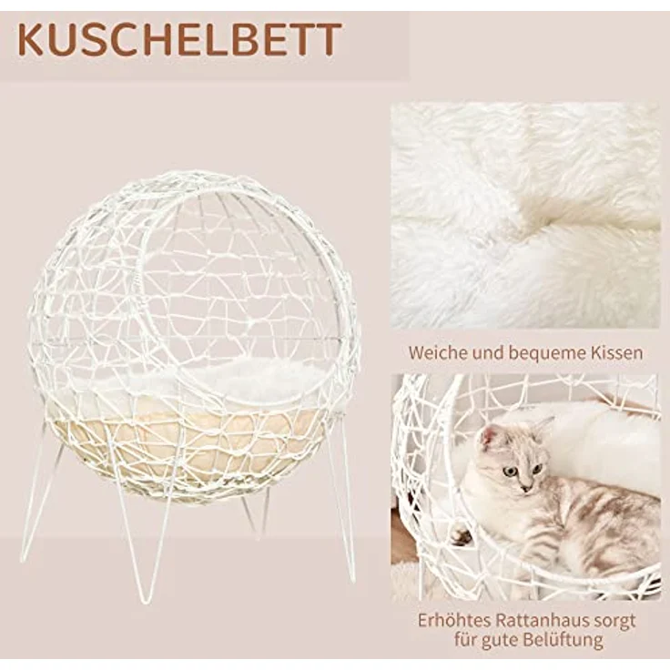 Pawhut Rattan Katzenkorb Katzenhöhle mit Kissen, erhöhtes Design, cremeweiß, Ø45 x 57H cm – Bild 4