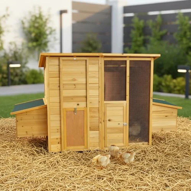 Mucola Hühnerstall 214x108x125 cm, rollbar aus massivem Holz Natur mit 2 Nestboxen, 4 Nistplätzen und wetterfestem Dach, Eiablage von außen zugänglich – Bild 2