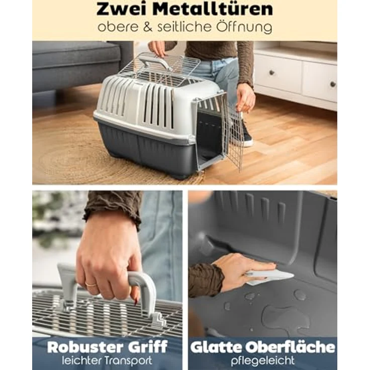 Lionto Transportbox aus Kunststoff mit Metalltür, für Hunde und Katzen bis 15 kg, B 35,5 x T 58,5 x H 40 cm, leicht, stabil, einfach zu reinigen – Bild 3