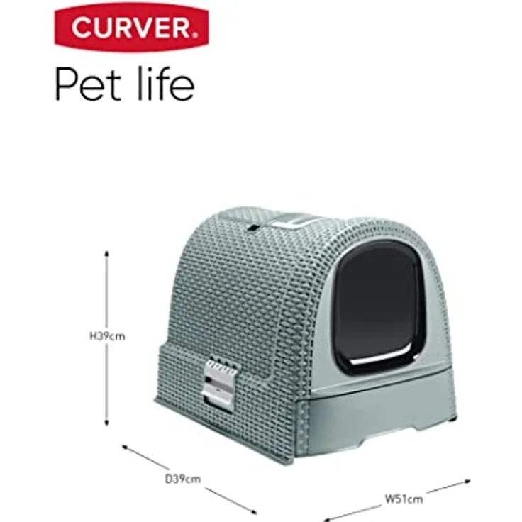 Curver petlife Katzentoilette mit Deckel, Katzenklo inklusive Schaufel, moderne Rattangeflecht-Optik, grau-blau, 51,5 x 38,5 x 40 cm – Bild 4
