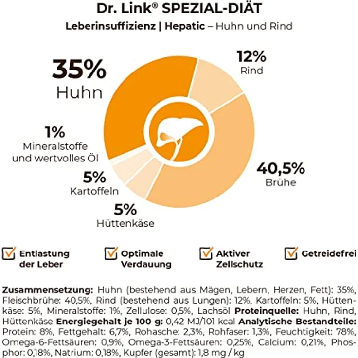 Dr. Link Spezial-Diät Katzenfutter für die Leber, Proteinquelle Huhn & Rind, 12x85g Schalen, Unterstützung der Leberfunktion & Stoffwechsel – Bild 4