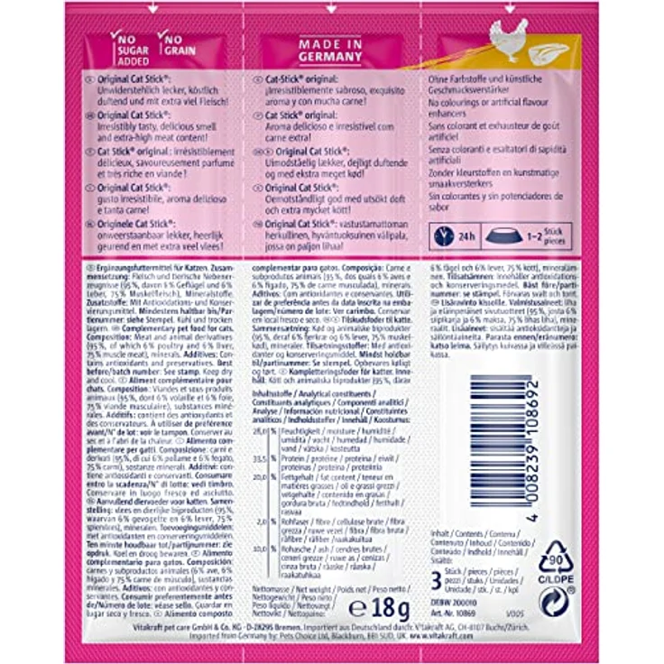 VITAKRAFT Cat-Stick Mini, Katzensnack mit Geflügel und Leber, getreidefrei, 3 Sticks à 6 g im Frischebeutel – Bild 2