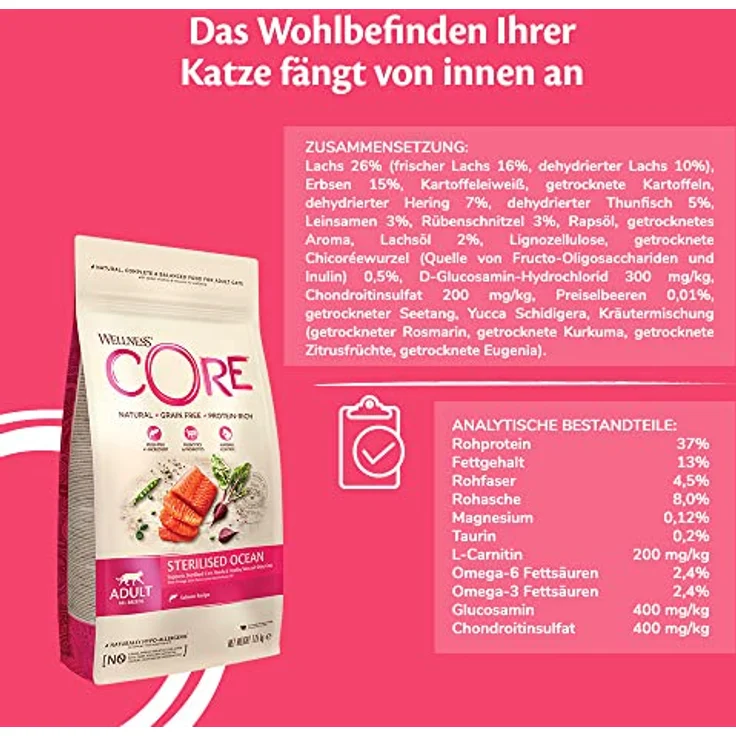 Wellness CORE Sterilised Ocean, Katzenfutter trocken mit Lachs & Thunfisch, 1,75 kg, getreidefrei, hoher Fleischanteil, fördert glänzendes Fell, ohne Zuckerzusatz – Bild 3
