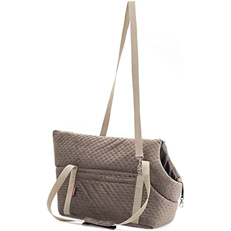BOUTIQUE ZOO Transporttasche für Hunde und Katzen, Schultertasche aus Wildlederimitat - Velvet, bis 5 kg, Größe S, Braun mit Gummiband und Karabiner – Bild 2