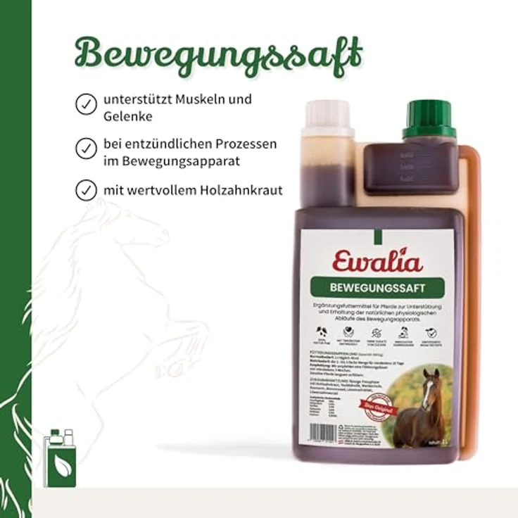 EWALIA Bewegungssaft, Premium Ergänzungsfuttermittel für Pferde zur Unterstützung des Bewegungsapparats, natürliche Förderung des Wohlbefindens mit Heilkräutern, 1 Liter – Bild 2