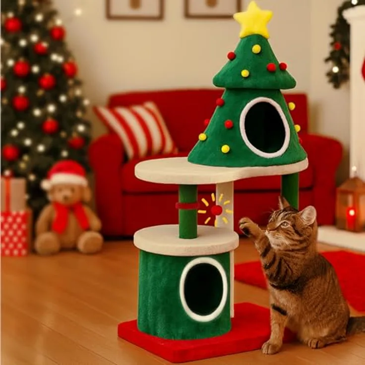 COMHOMA Kratzbaum Weihnachtsbaum-Design 123cm, stabiler Katzenturm mit Sisal-Kratzsäulen, mehrstöckiges Katzenhaus mit Plattformen und Spielball