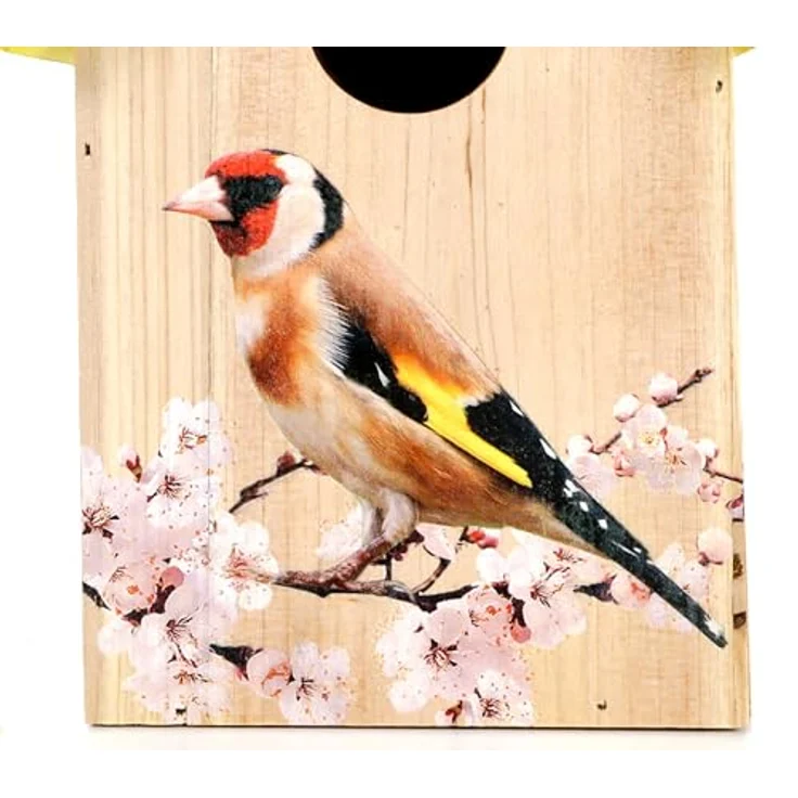 Bubble-Store Nistkasten Vogelhaus für Wildvögel, gelb mit Distelfink-Motiv, zum Hängen oder Stellen, FSC zertifiziertes Natur-Holz – Bild 5