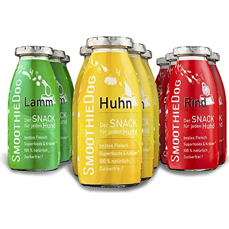 SmoothieDog Hunde Smoothie 12er Mix, flüssiges Hundeleckerli mit Huhn, Rind & Lamm, zucker- & glutenfrei, 250ml pro Flasche