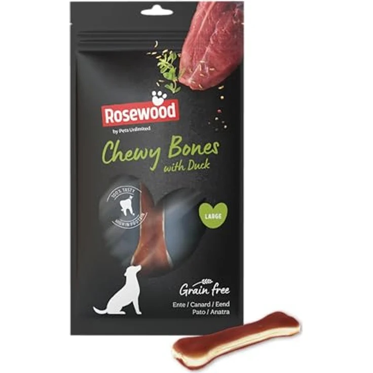 Rosewood Chewy Bones Ente Large, Kauknochen für Hunde aus Rinderhaut mit Ente, proteinreich, ohne Getreide, ohne künstliche Zusatzstoffe, 90 g – Bild 1