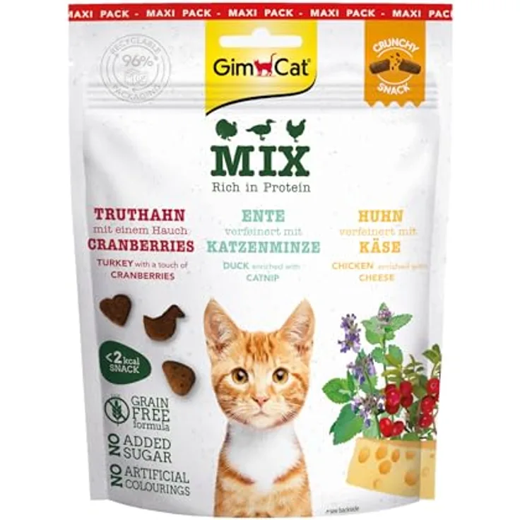 GimCat Crunchy Snacks Mix, Knusprige und proteinreiche Katzenleckerli, getreidefrei, 1 Beutel (140 g)