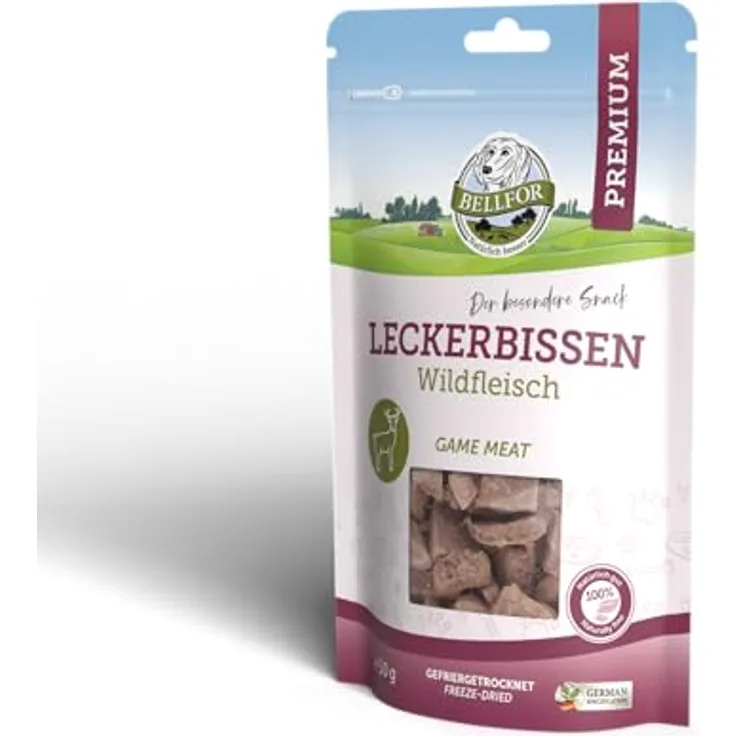 Bellfor Leckerbissen für Hunde - Wildfleisch, Monoprotein, getreidefrei, gefriergetrocknet, 50 g, ideal für empfindliche Mägen und Hundetraining