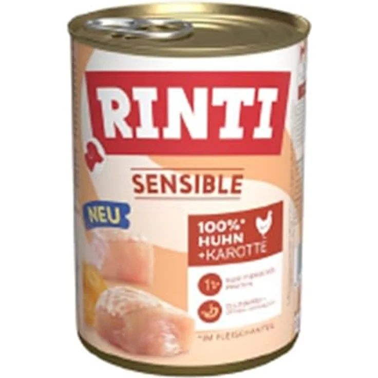 Rinti Sparpaket RINTI Sensible, Nassfutter für ernährungssensible Hunde, 24 x 800g, Huhn & Karotte, ohne Gluten und künstliche Zusatzstoffe