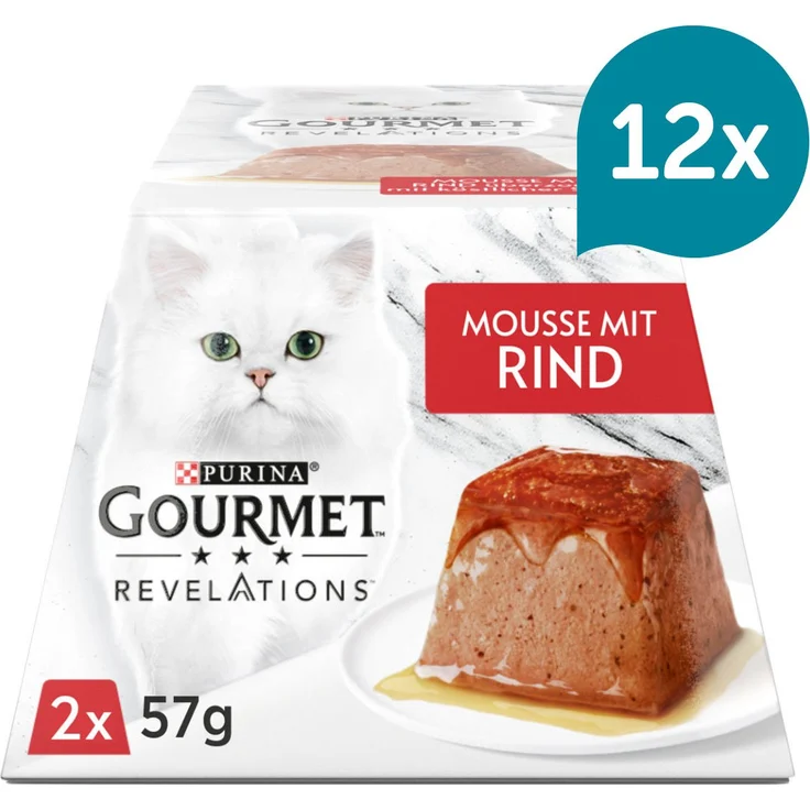 GOURMET Revelations Mousse in Sauce mit Rind, Katzen-Nassfutter, 12x2x57g, cremige Konsistenz