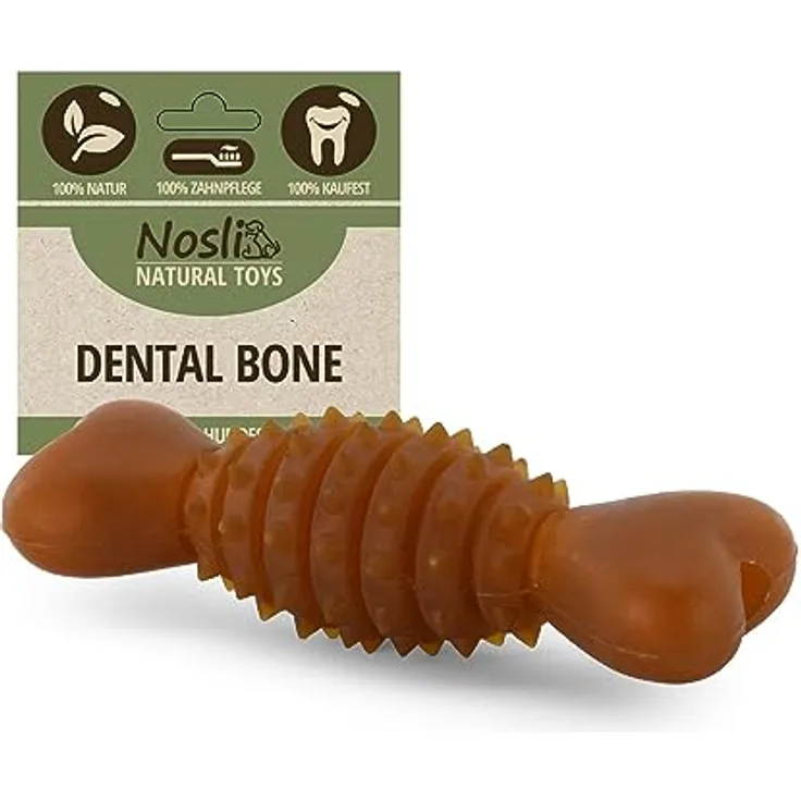 Nosli Natural Toys Dental Bone, Gummi Kauknochen für Hunde, aus Naturkautschuk ohne Farbstoffe, Größe M mit Noppen zur Zahnreinigung