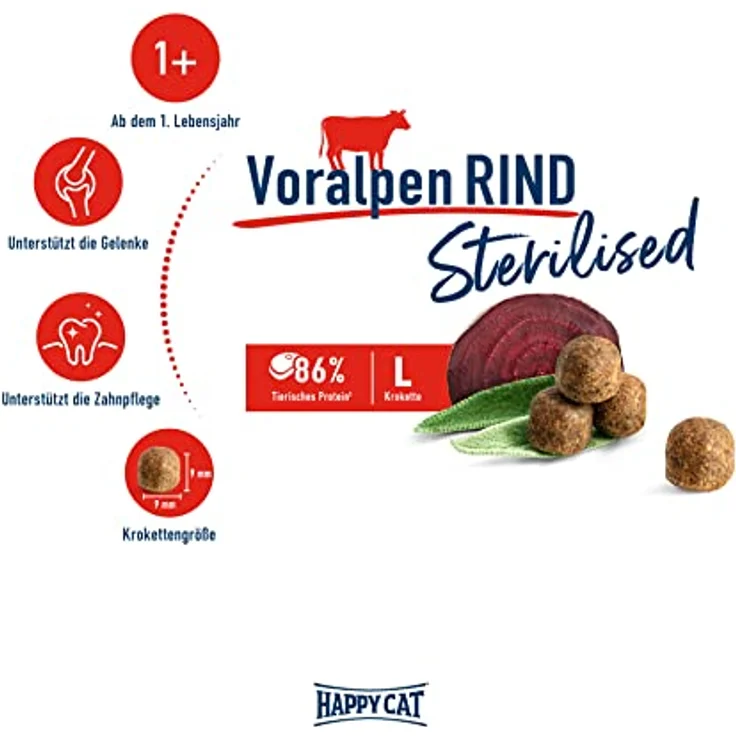 Happy Cat 70576 Sterilised Adult Voralpen Rind, Trockenfutter für sterilisierte Katzen und Kater, 10 kg, leicht verdauliche Rezeptur mit 87% tierischen Proteinen, ohne künstliche Zusätze – Bild 2