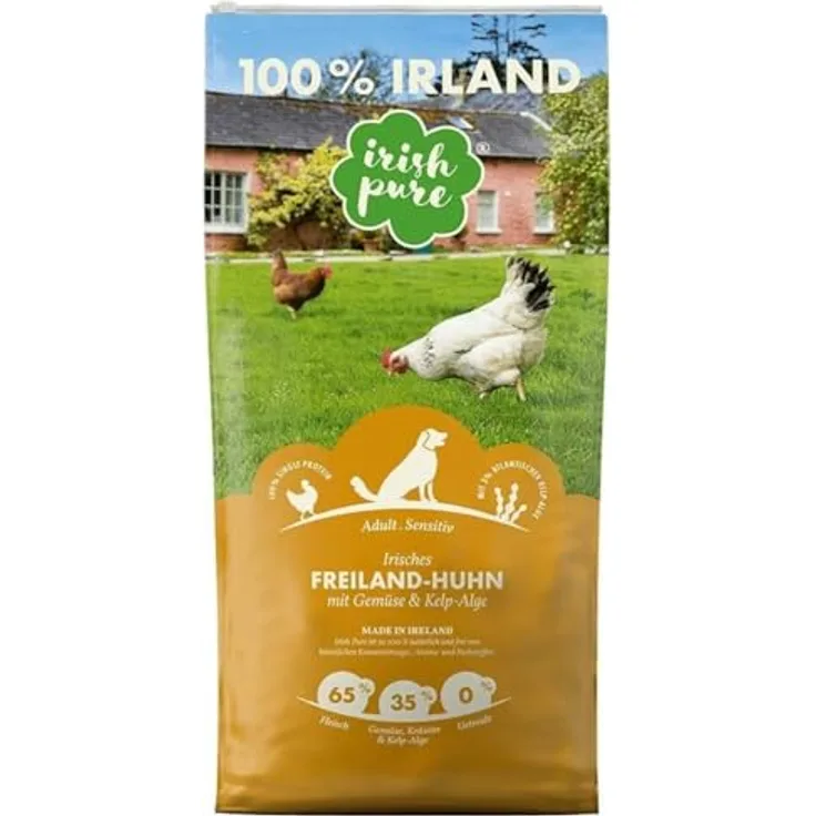 Irish Pure Trockenfutter Adult, Freiland-Huhn mit Kelp-Alge & Gemüse, 12kg, Getreidefrei, Hoher Fleischanteil, Sensitiv, Hundefutter für alle Rassen