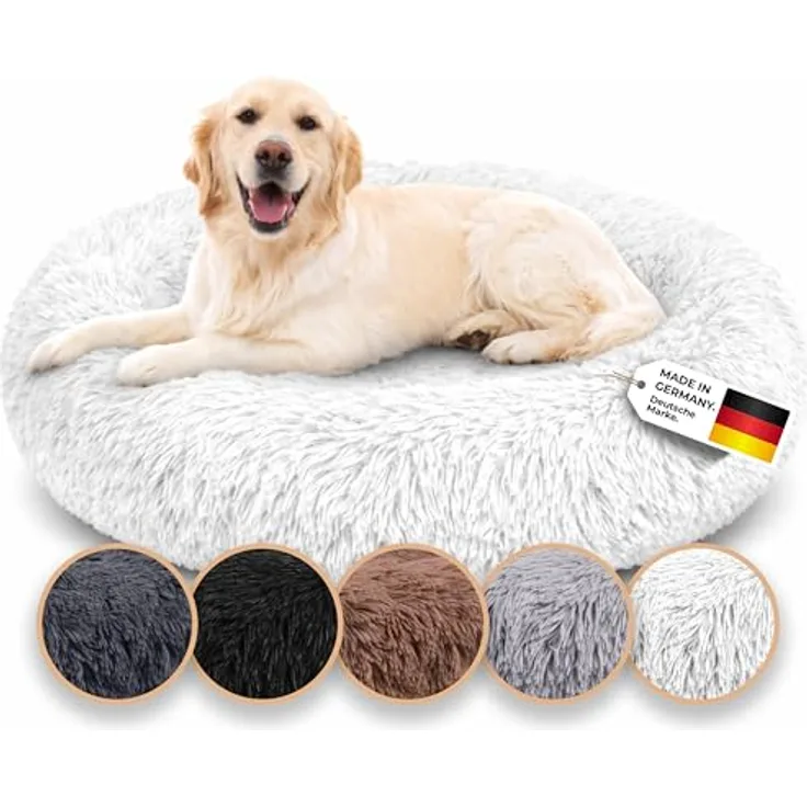 Belune® Hundebett XXL, 140cm, Weiß - Waschbarer Bezug, 100% veganes Kunstfell, rutschfest, mit komfortablem Polsterrand, für große, mittelgroße & kleine Hunde