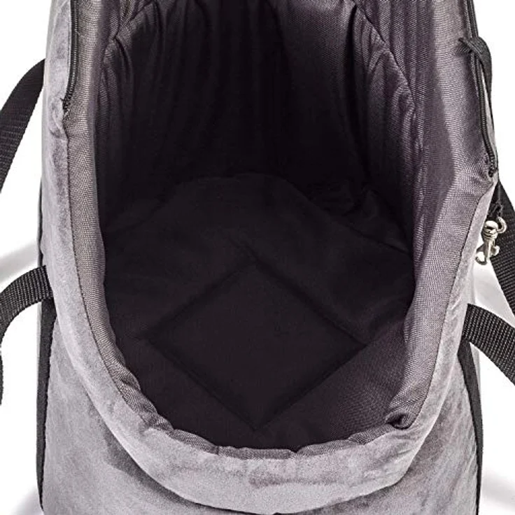 BOUTIQUE ZOO Hundetasche, Welpentasche grau (Kunstleder/Wildlederimitat), für kleine Hunde und Katzen bis 3 kg, mit abnehmbarer Holzeinlage und Metallhalsband – Bild 5