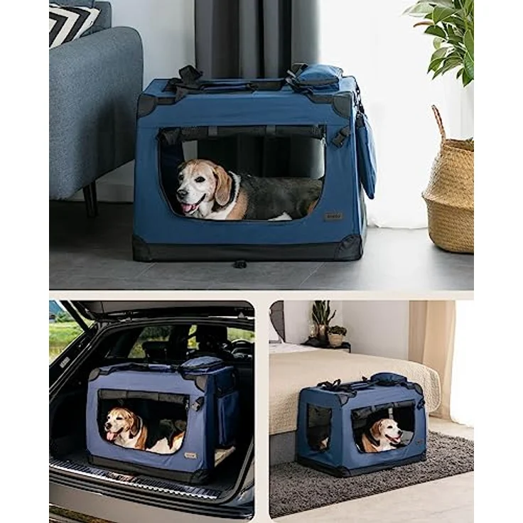lionto Tiertransportbox, stabil und faltbar für Hunde und Katzen bis 15 kg, 70x52x50 cm, dunkelblau mit optimaler Luftzirkulation und abnehmbarem Innenkissen – Bild 2