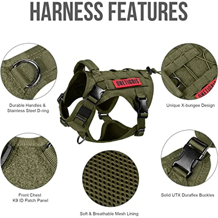 OneTigris FIRE WATCHER Hundegeschirr, Taktisches Sicherheitsgeschirr aus 1000D Nylon mit 1 Griff und 2 D-Ringen, Größe L, Grün – Bild 3