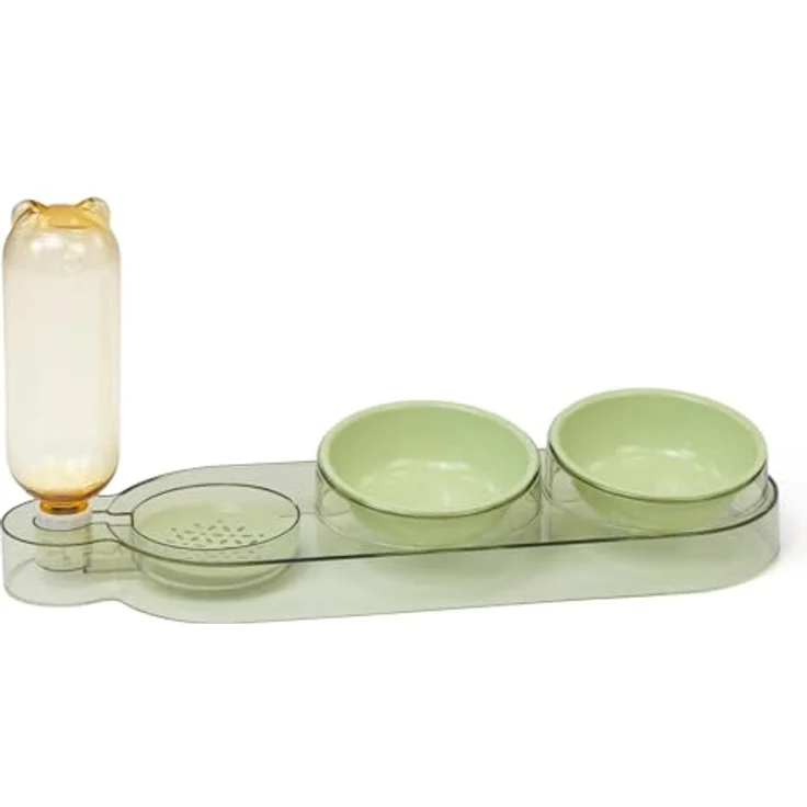 CATOBEL Katzen Futternapf Dinner Station, 3-in-1 Futterbar mit 2 Näpfen und 500ml Wasserspender für Katzen und kleine Hunde, grün – Bild 4