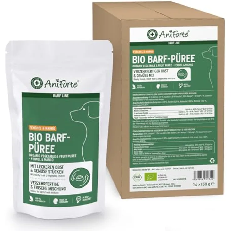 AniForte BIO BARF Püree Fenchel & Mango, 14x150 g, hochwertige Obst-Gemüse-Mischung für Hunde, BIO-Qualität