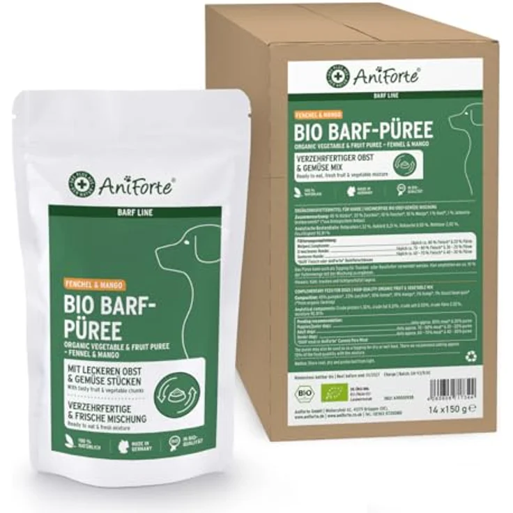 AniForte BIO BARF Püree Fenchel & Mango, 14x150 g, hochwertige Obst-Gemüse-Mischung für Hunde, BIO-Qualität – Bild 1