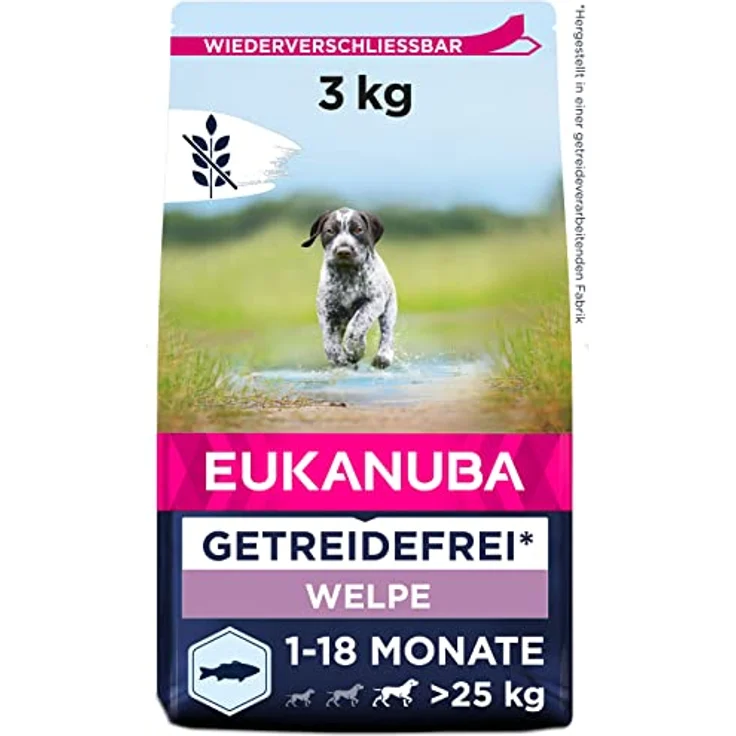 Eukanuba Welpenfutter getreidefrei mit Fisch für große Rassen, Trockenfutter für Junior Hunde, 3 kg, reich an Seefisch und Lachs, Förderung der Lernfähigkeit und gesunden Verdauung – Bild 1