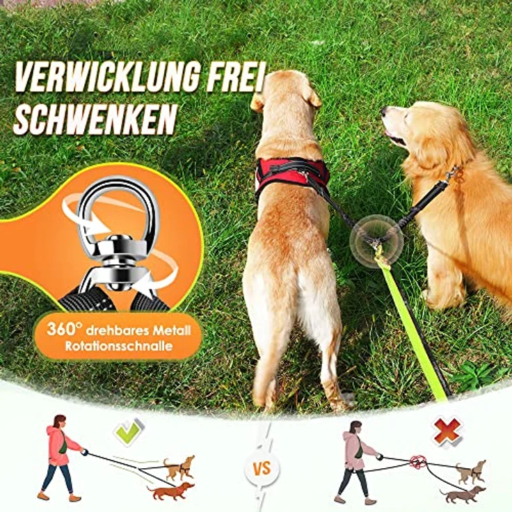 Nasjac Doppelte Hundeleine, 360° drehbarer Splitter für zwei Hunde, verstellbare stoßdämpfende Bungee-reflektierende Leine für kleine, mittlere und große Hunde – Bild 2