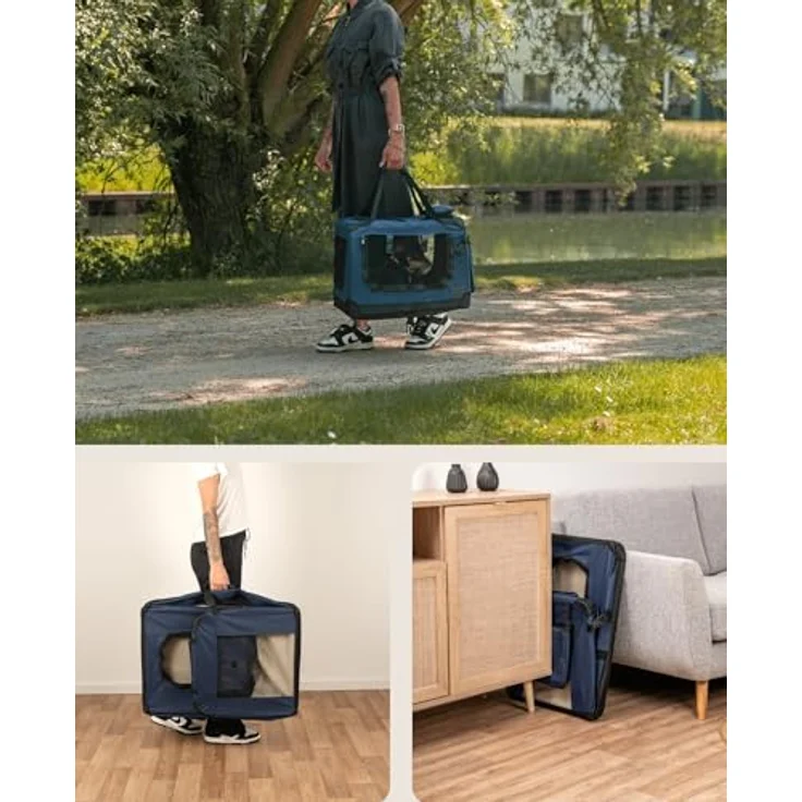 lionto Tiertransportbox Transportbox für Hunde & Katzen, 50 cm x 36 cm x 34 cm, blau, faltbar mit Stahlrohren, inkl. Liegekissen und Utensiltaschen – Bild 3
