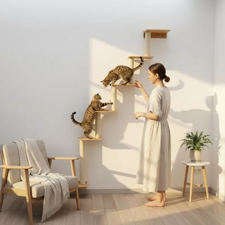 eyepower Kratzbaum zur Wandmontage Milo, 215 cm mit 6 Bambus Plateau, Sisalstamm und Montagewinkeln, platzsparend für Katzen – Bild 2