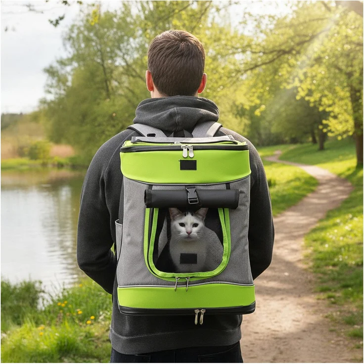 belviona Tiertransporttasche für Hunde & Katzen, stabiler Rucksack bis 14 kg, grau/grün mit Belüftung, Trinkflaschenfach & Regenschutz