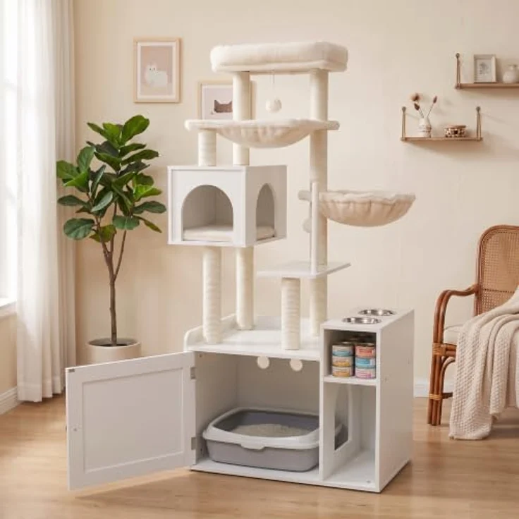 Relaxdays Kratzbaum Katzenkloschrank mit Magnettür, Sisal & Höhle, 2 Näpfen, weiß – Bild 5