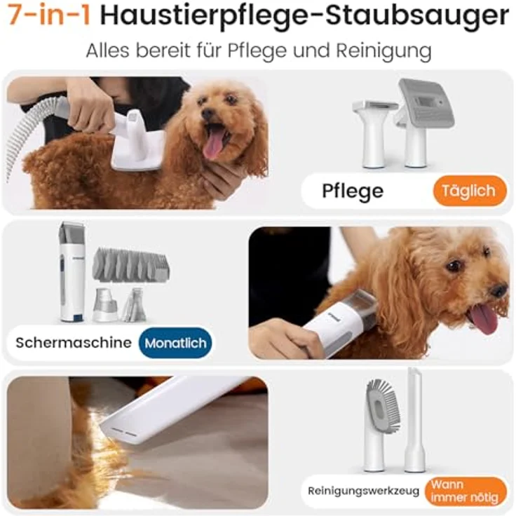 oneisall Hundeschermaschine mit Staubsauger, 12000 Pa Saugkraft, 7-in-1 Pflege-Set für Hunde und Katzen, geräuscharm, 1.5L Staubbehälter – Bild 2