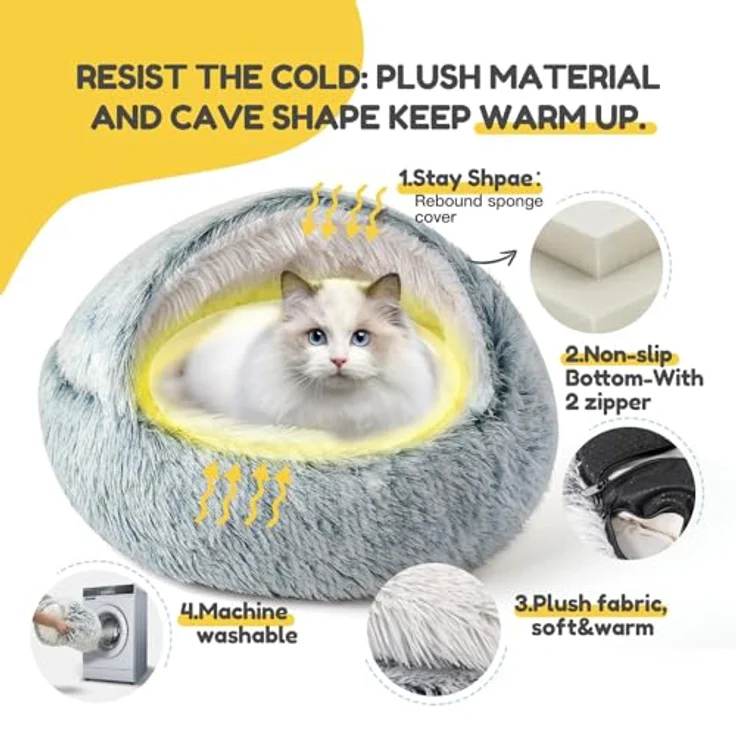 CATISM Katzenbett Waschbar, Flauschiges Plüsch-Höhlenbett für Katzen mit rutschfestem Boden, Grau – Bild 5