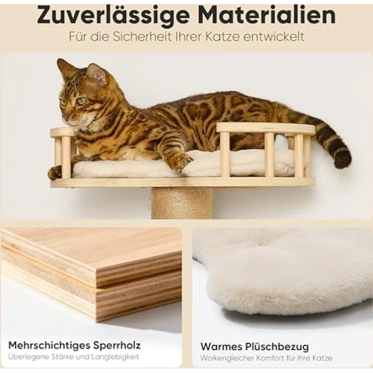 FUKUMARU Kletterwand Katzen-Set, 4 in 1 Wandmöbel mit Hängematte, Kratzbaum, Wandregalen und Sisalmatte – Platzsparend, Beige – Bild 4